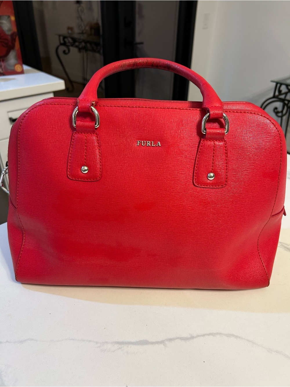 Furla Elena Satchel Saffiano Bright Red Leather Dome Satchel Top Handles READ